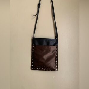 Sondra Roberts Zipper Studded & Pebble Faux Vegan Leather Crossbody Black Brown